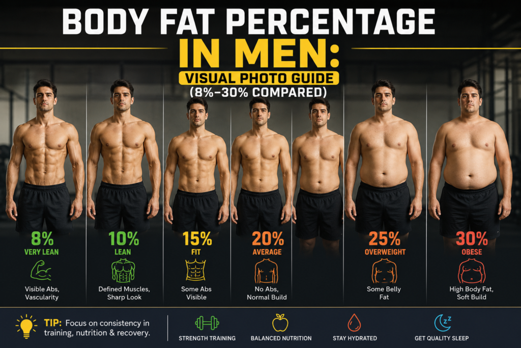 Body Fat Percentage in Men: Visual Photo Guide (8%–30% Compared) body fat percentage men